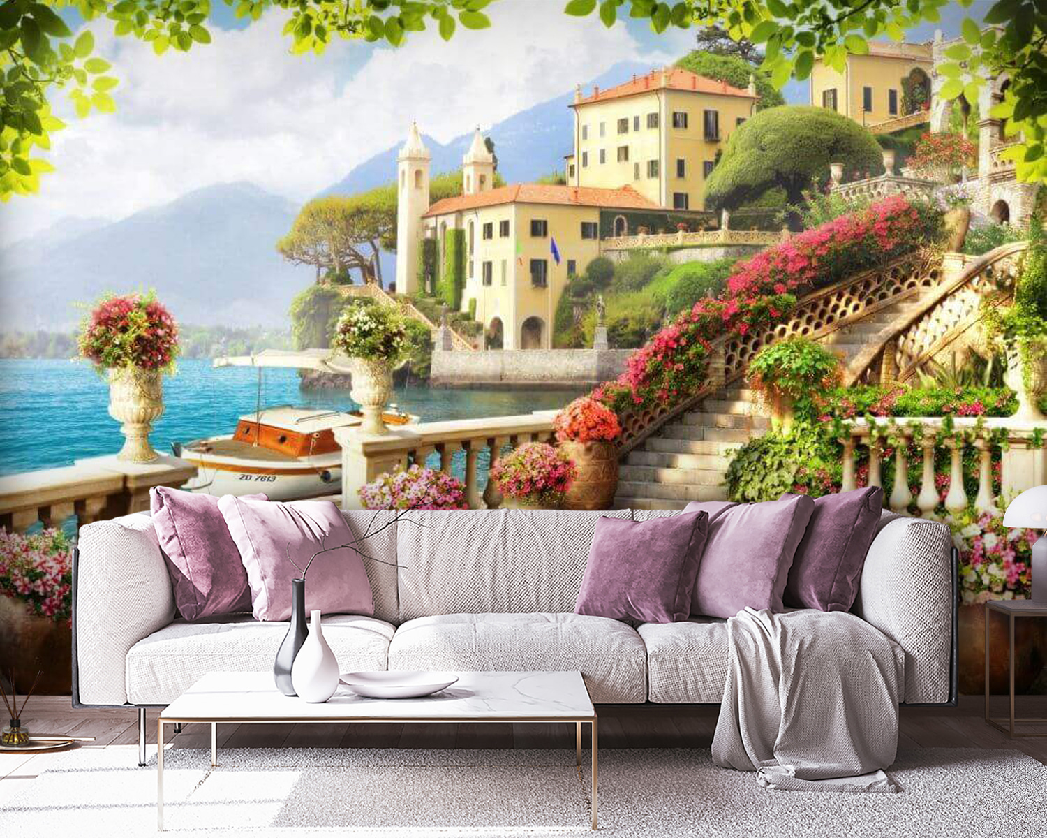 Stone walkway with stairs and flowers on the side of the water