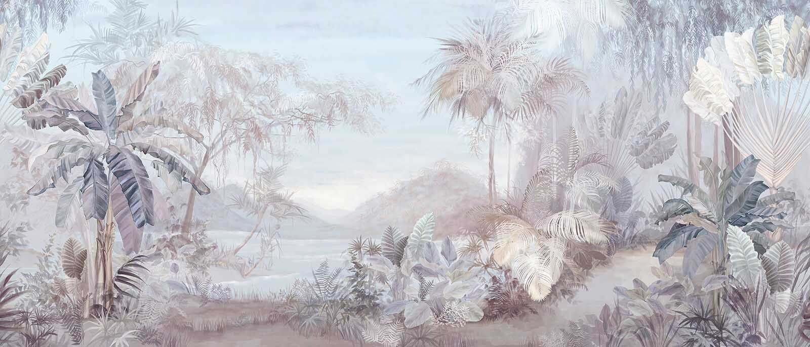 Painting of a landscape with trees and mountains
