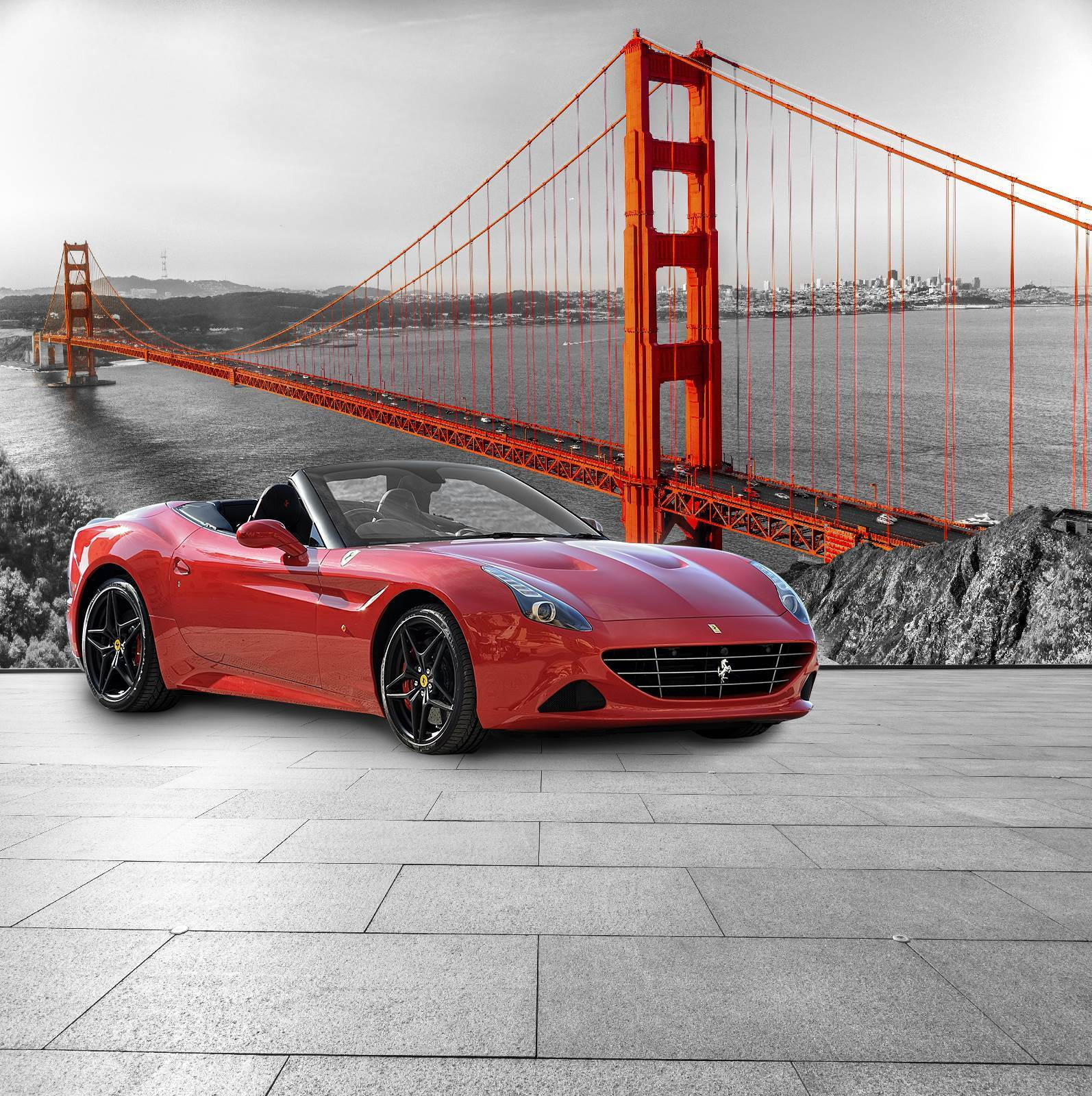 u64433p - Κόκκινο σπορ αυτοκίνητο σε δρόμο με μια γέφυρα στο φόντο - tegory