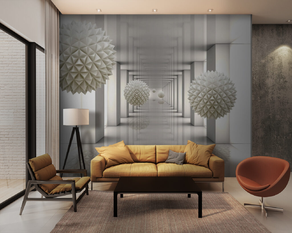 White room with white columns and white balls