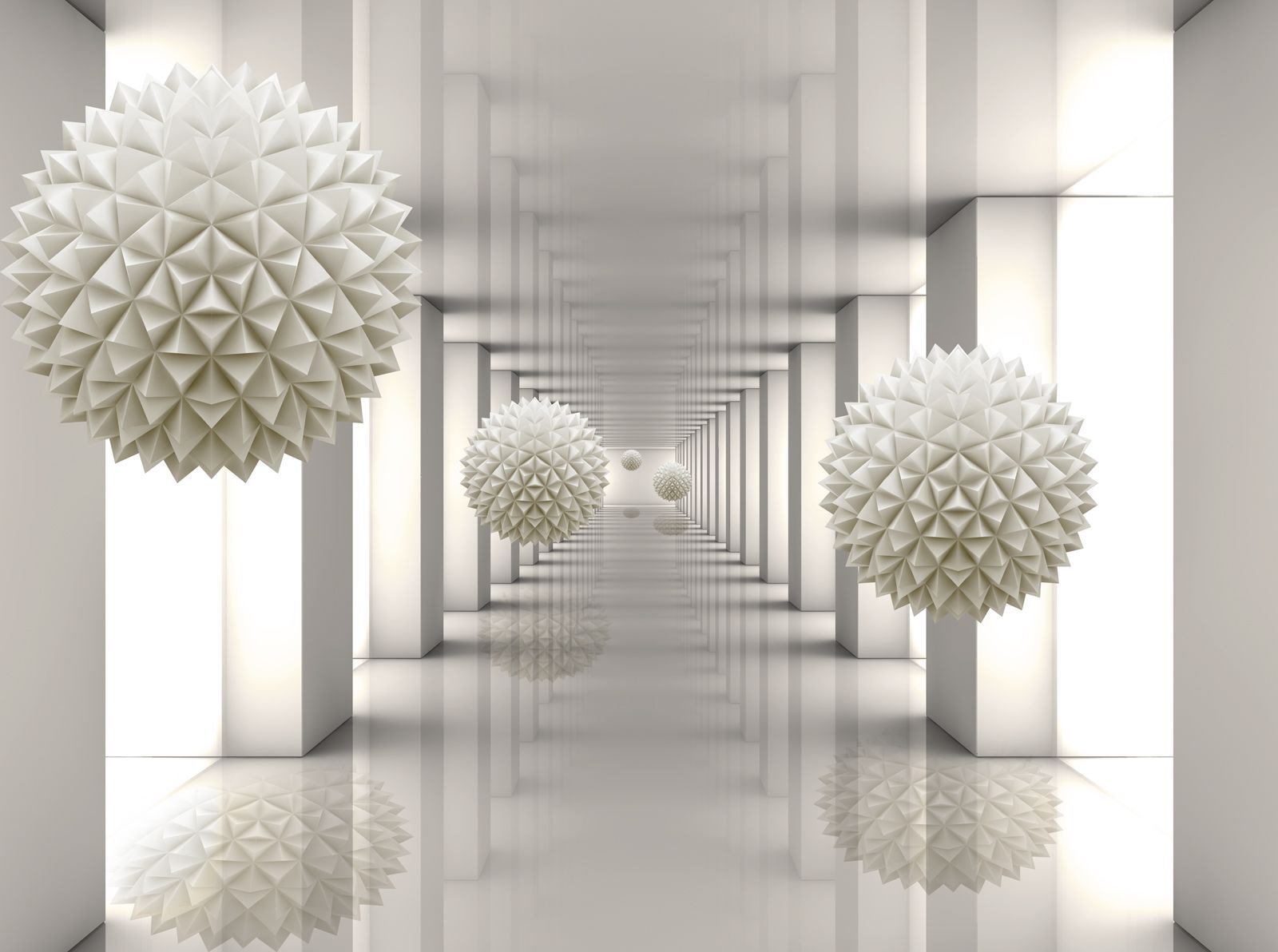White room with white columns and white balls