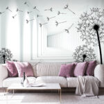 Ταπετσαρίες Κορίτσι που κάνει ποδήλατο σε ένα δωμάτιο με πικραλίδες