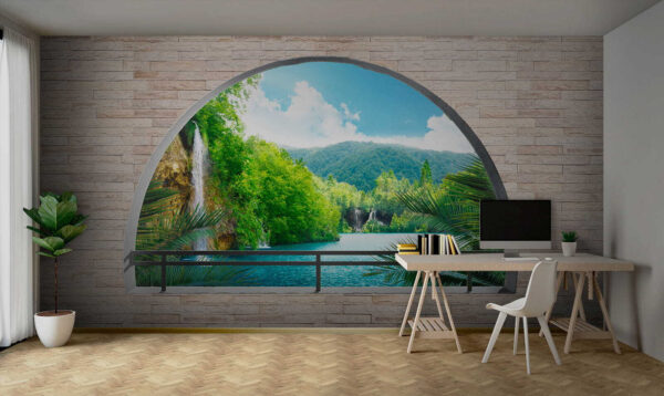 Window with a waterfall and trees Window with a waterfall and trees
