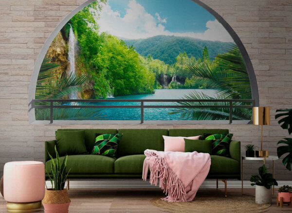 Window with a waterfall and trees Window with a waterfall and trees