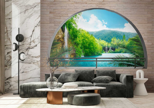 Window with a waterfall and trees Window with a waterfall and trees