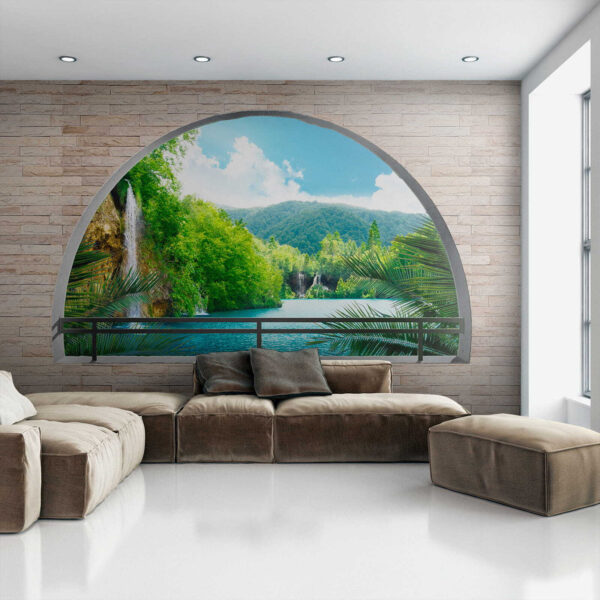 Window with a waterfall and trees Window with a waterfall and trees