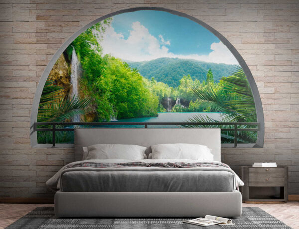 Window with a waterfall and trees Window with a waterfall and trees