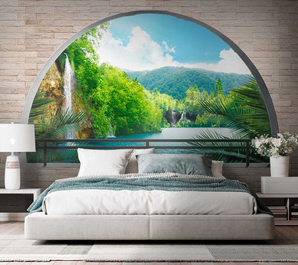 Window with a waterfall and trees