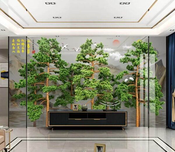 Ταπετσαρίες Ομάδα δέντρων με πουλιά που πετούν από πάνω τους