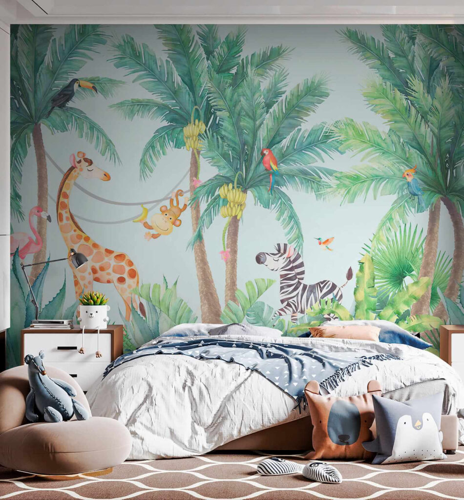 Giraffe and zebra in a jungle