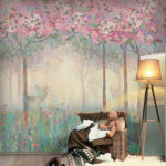 Ταπετσαρίες Ζωγραφική ενός δάσους με δέντρα και λουλούδια