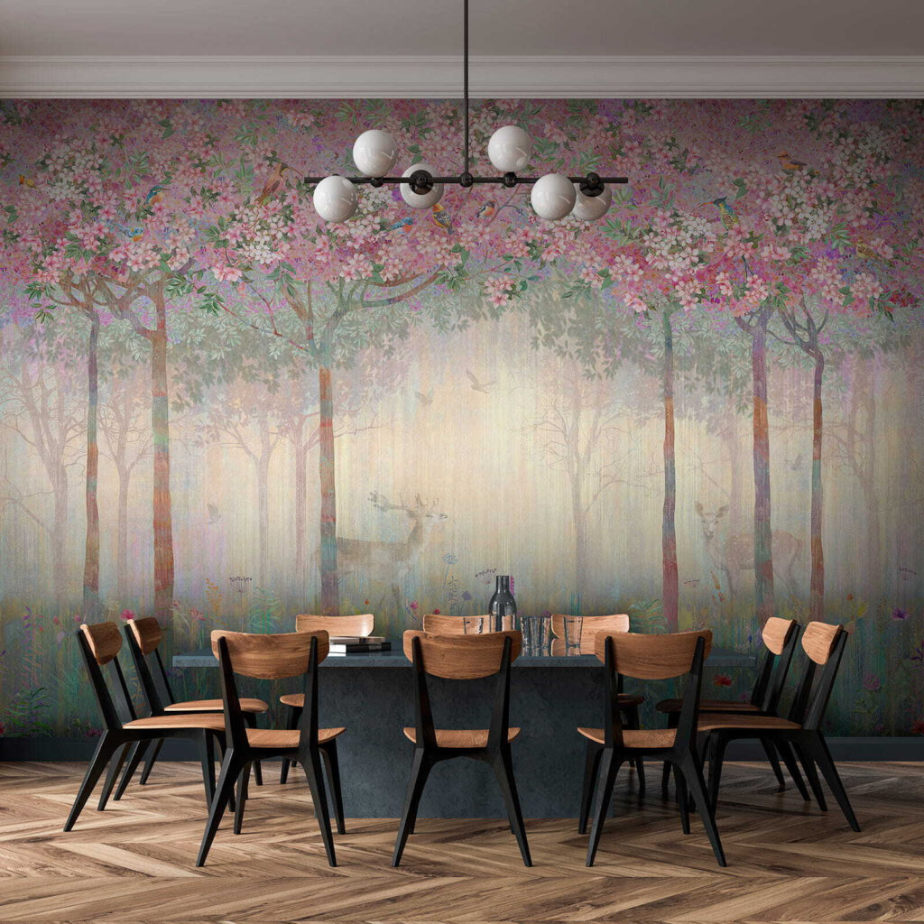 Painting of a forest with trees and flowers