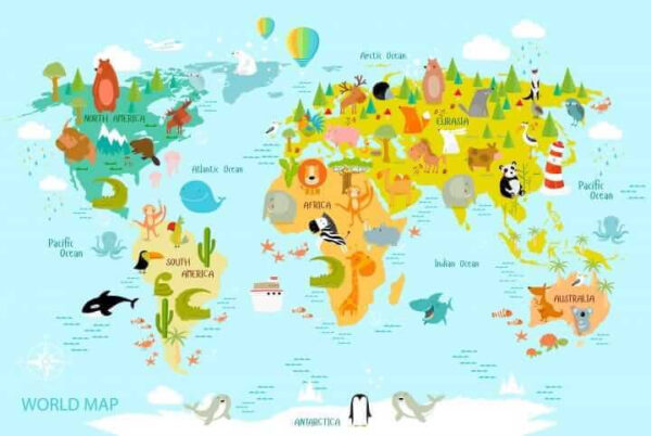 Map of the world with animals