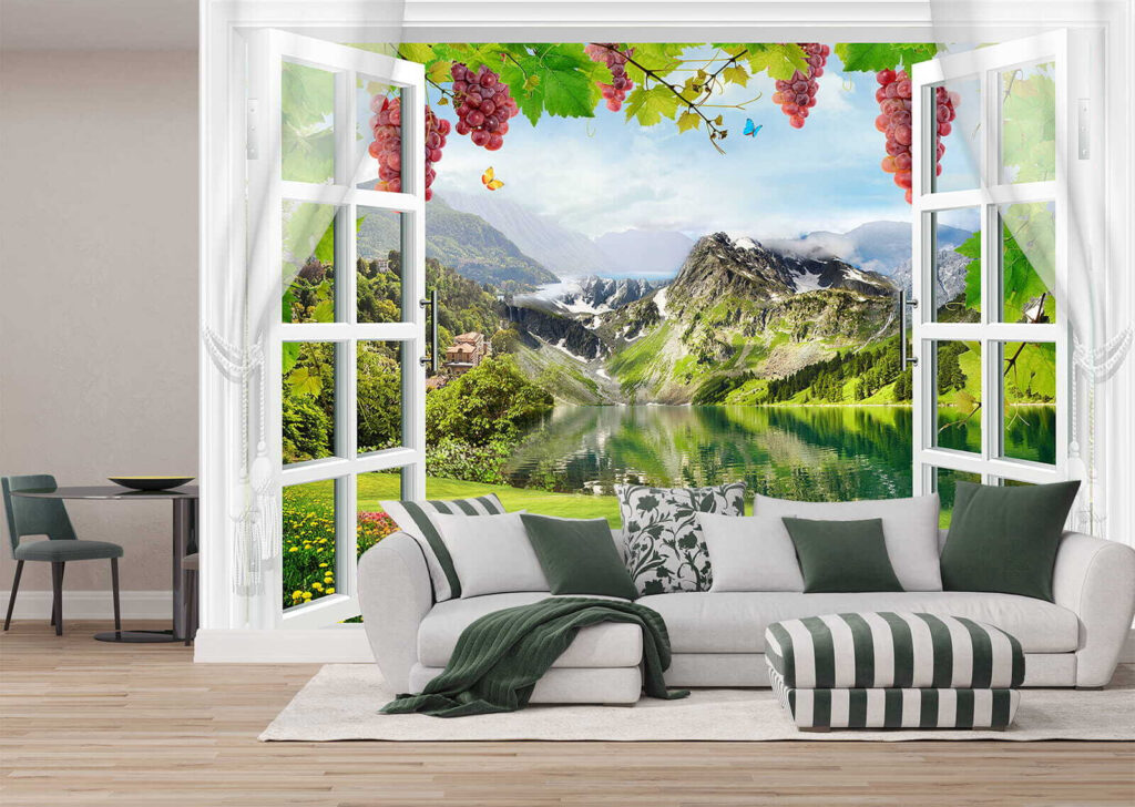 Window with a view of a lake and mountains Window with a view of a lake and mountains