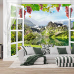 Ταπετσαρίες Παράθυρο με θέα σε λίμνη και βουνά