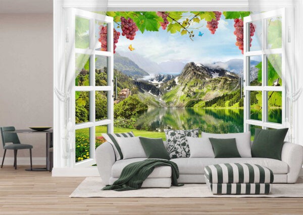 Window with a view of a lake and mountains Window with a view of a lake and mountains