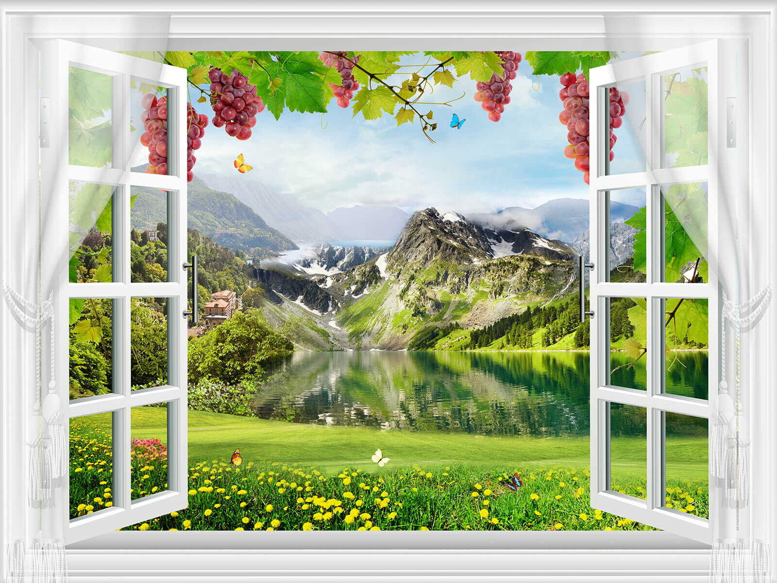 Window with a view of a lake and mountains Window with a view of a lake and mountains