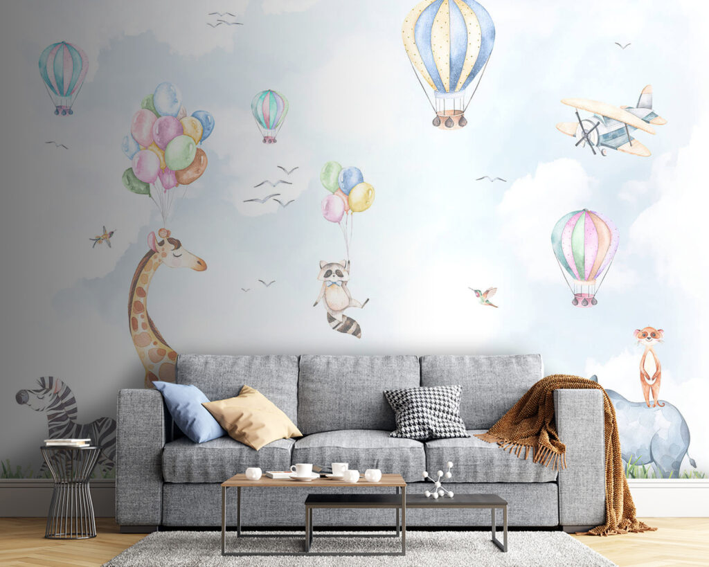 Watercolor of animals and balloons