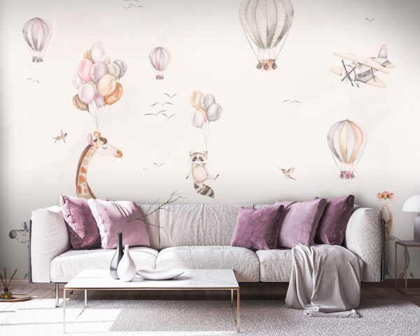 Wall mural of animals and hot air balloons