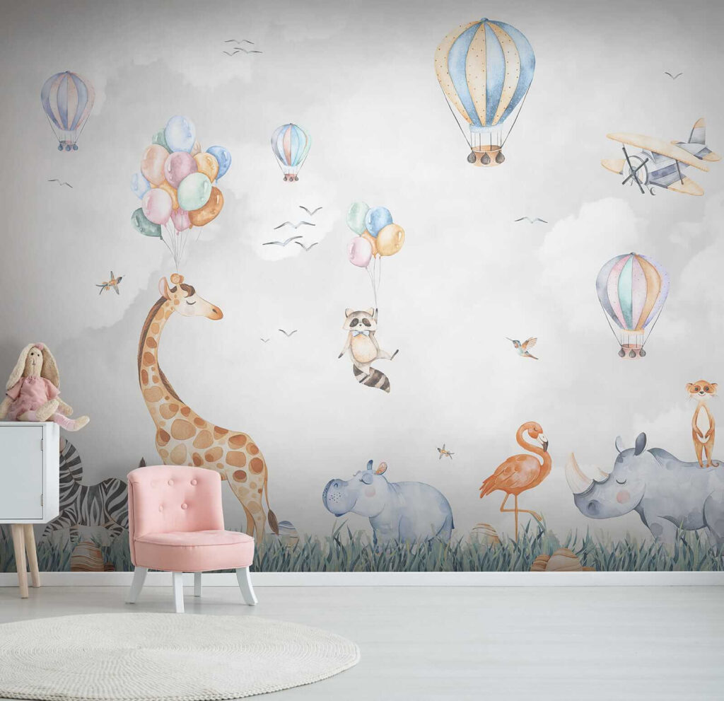 Wall mural of animals and balloons