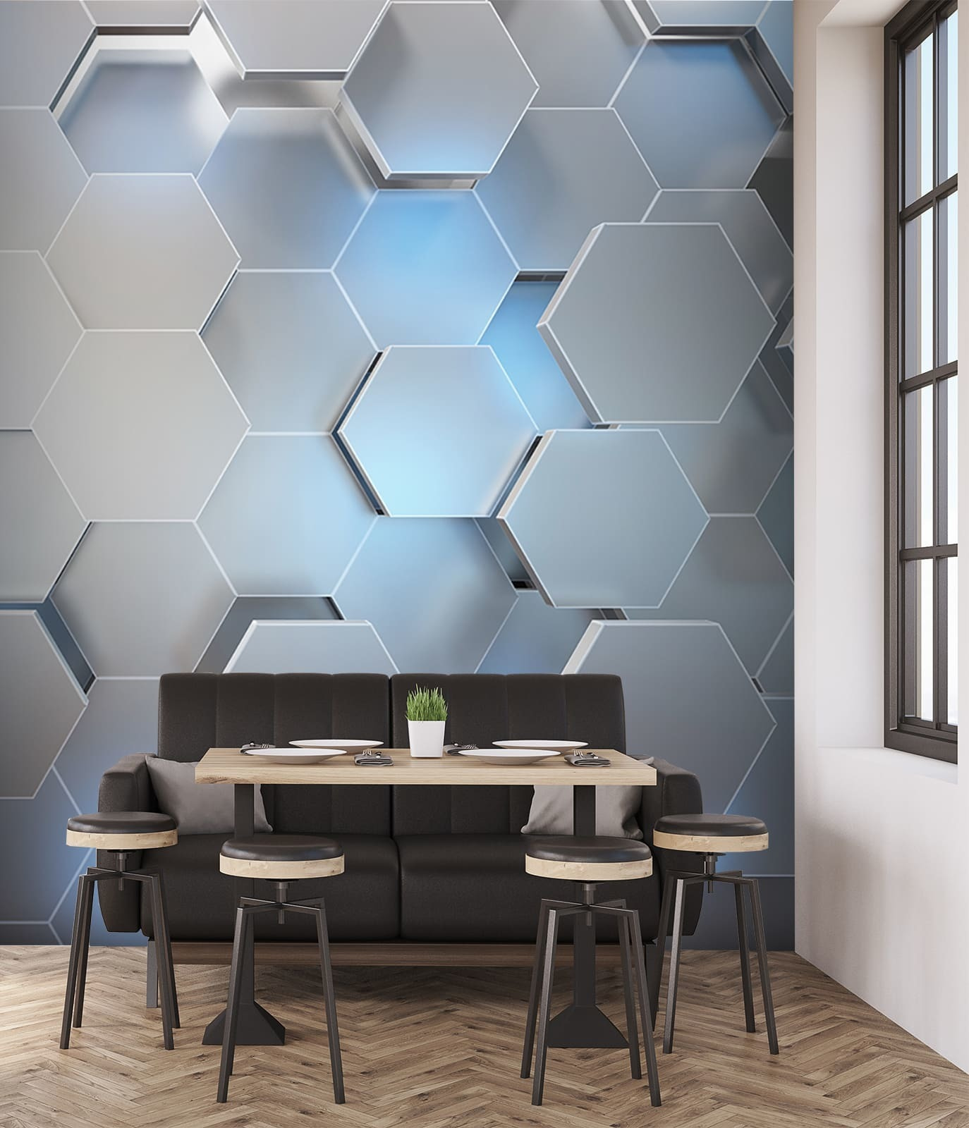 White hexagons with blue lights