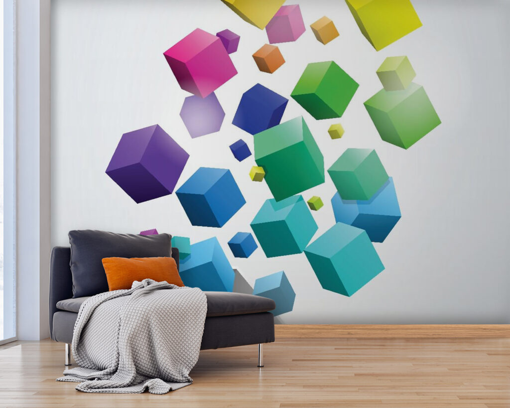 Colorful cubes falling into a box