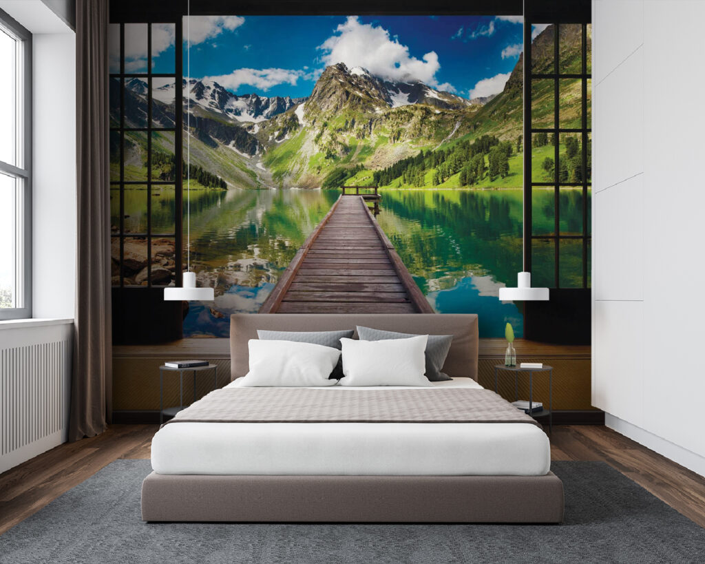 View of a lake from a room with a wooden dock and mountains View of a lake from a room with a wooden dock and mountains