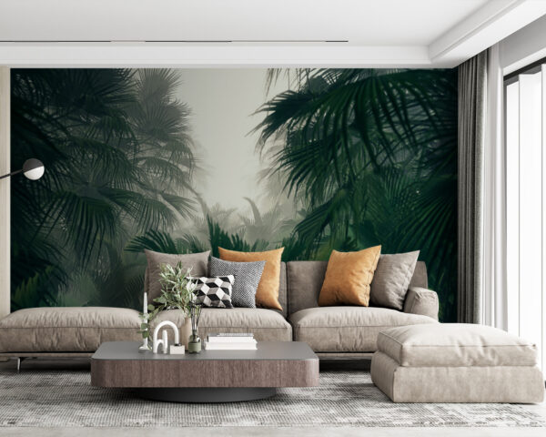 Ταπετσαρίες Ομάδα φοινικόδεντρων σε ένα ομιχλώδες δάσος