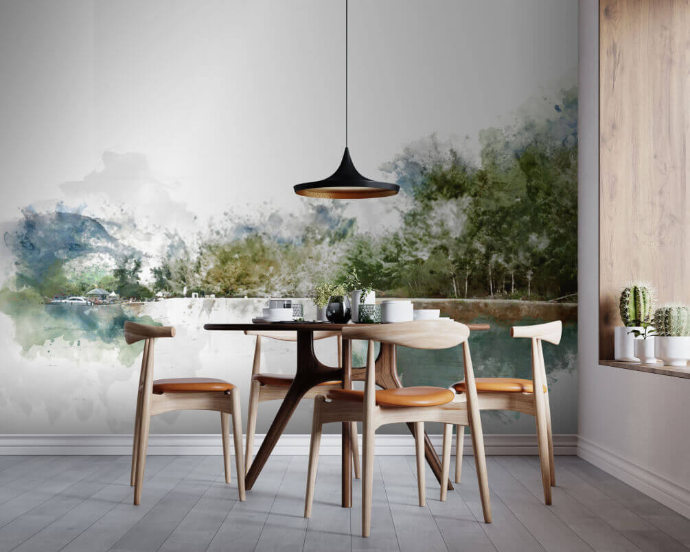 u51105pik1m - Υδατογραφία μιας λίμνης με δέντρα και βουνά στο φόντο - tegory