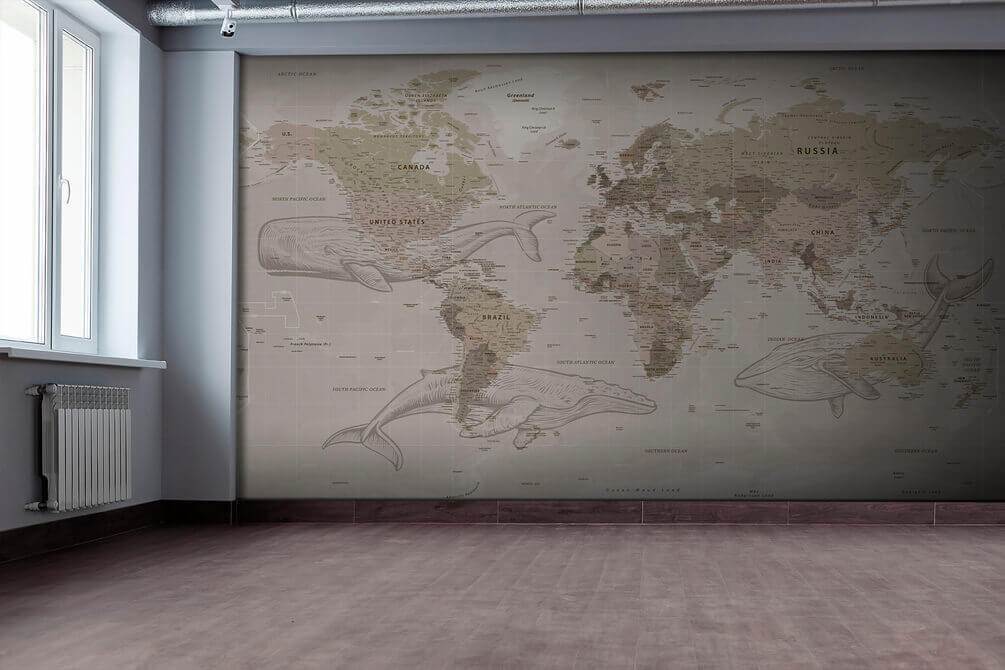 Map of the world with whales Map of the world with whales