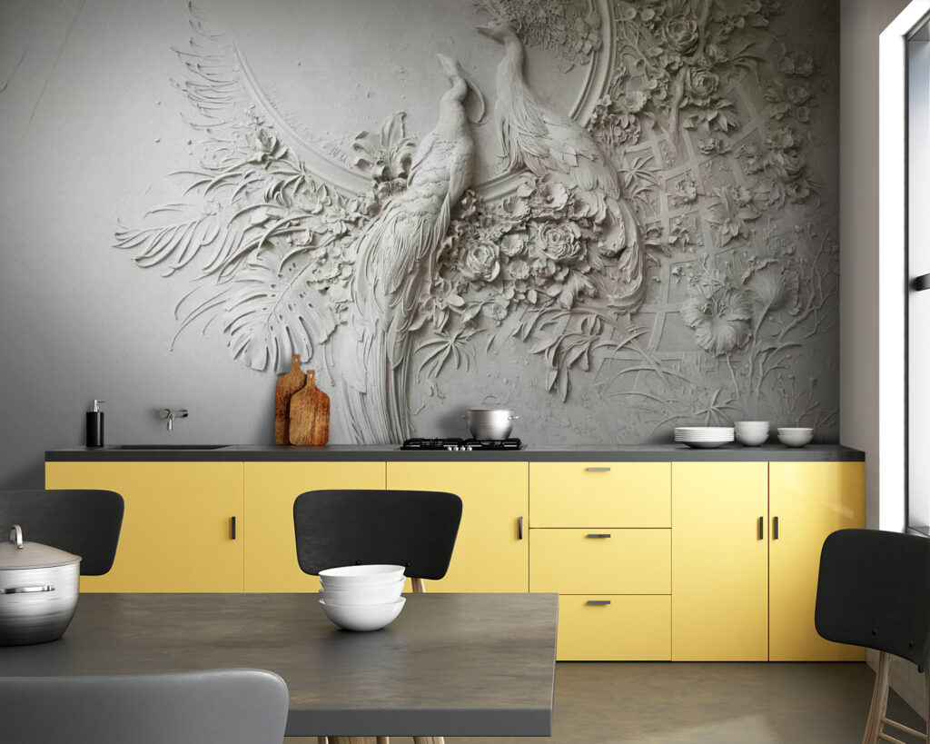 White wall with a couple of birds and flowers