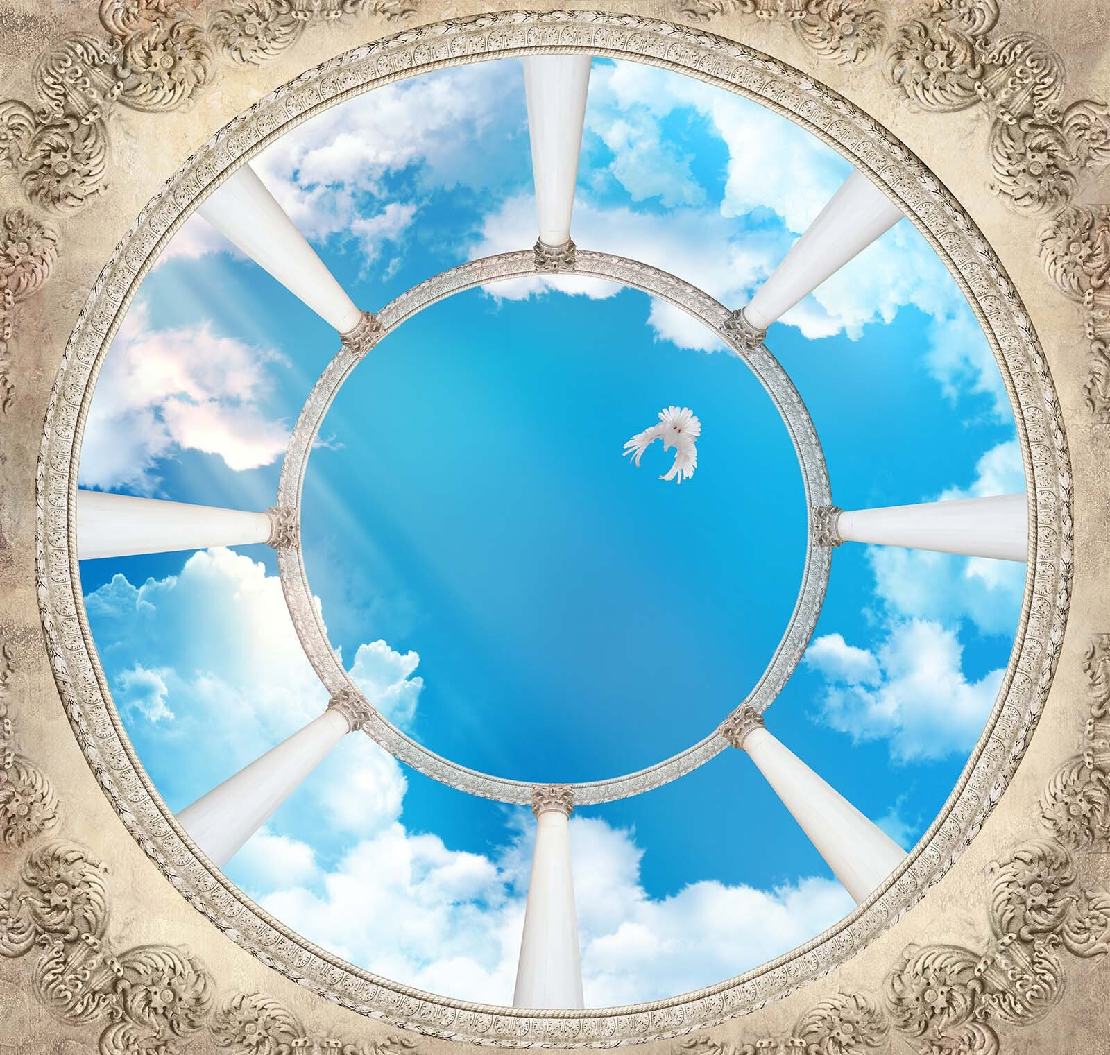 u44916p - Κυκλική οροφή με στήλες και ένα πουλί που πετάει στον ουρανό - tegory