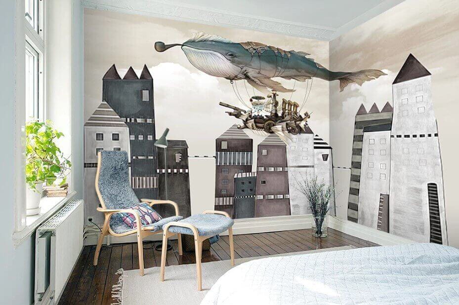 u44334pib1m - Φάλαινα που πετάει πάνω από μια πόλη - tegory