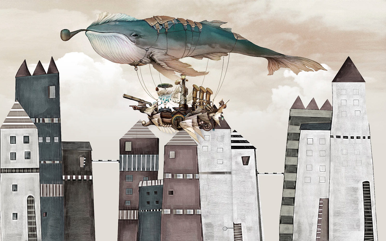 u44334p - Φάλαινα που πετάει πάνω από μια πόλη - tegory