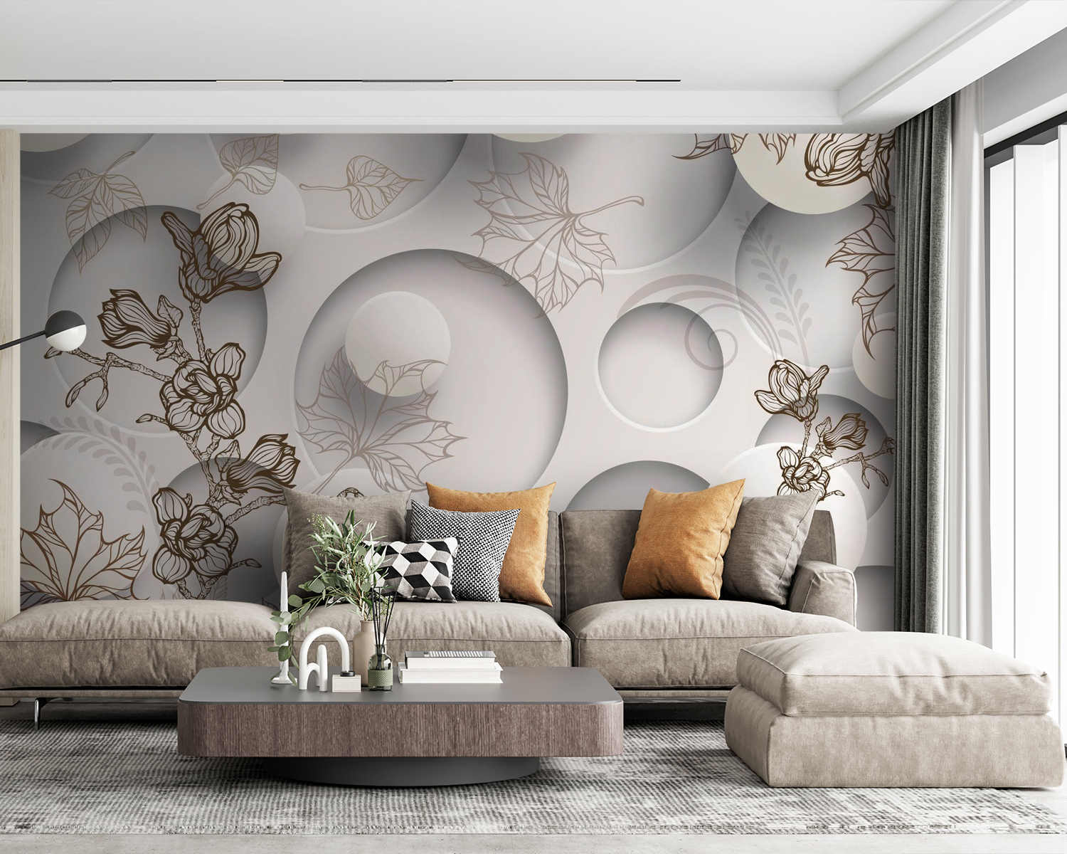 u40267pig63m - Ταπετσαρία με κύκλους και λουλούδια - tegory