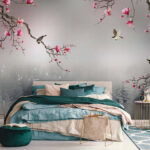 Ταπετσαρίες Κλαδιά δέντρων με ροζ λουλούδια και πουλιά που πετούν πάνω από το νερό