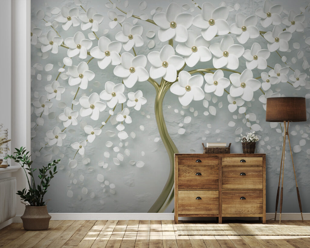 Tree with white flowers on a grey background