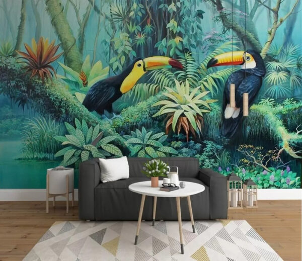 Painting of birds in a forest Painting of birds in a forest