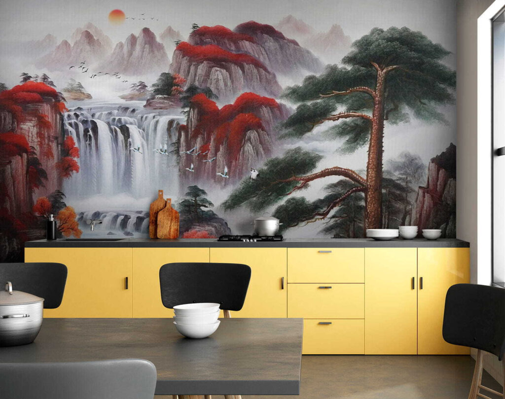 Painting of a waterfall and trees