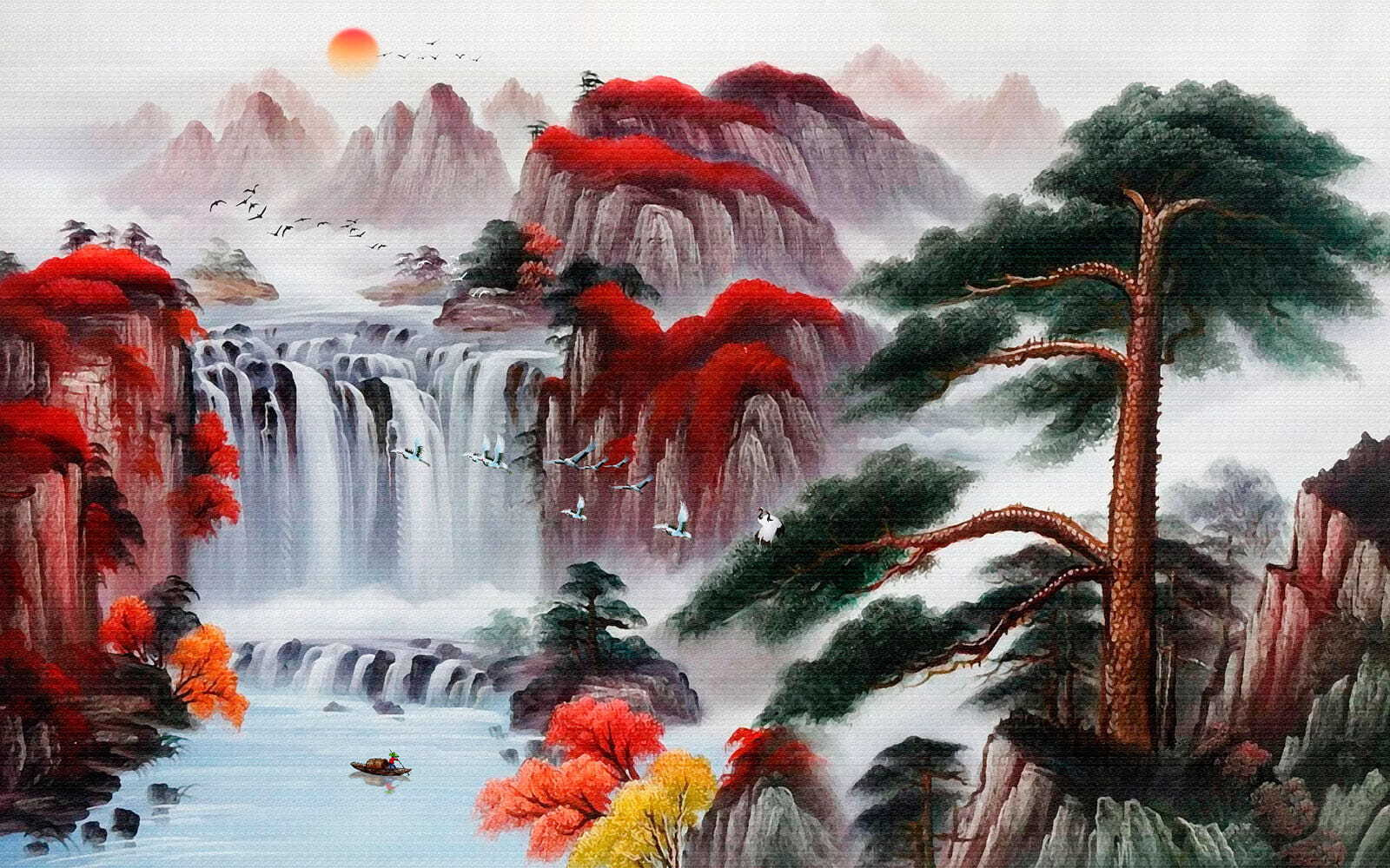 Painting of a waterfall and trees