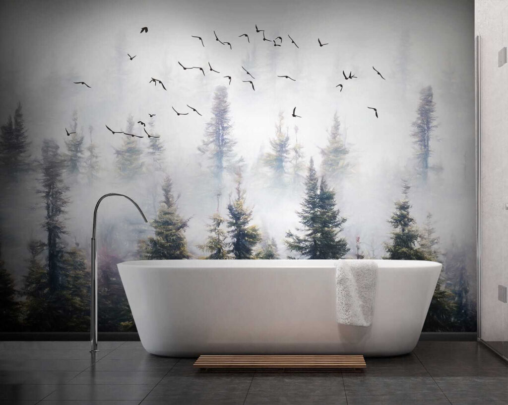 Birds flying in the sky over trees