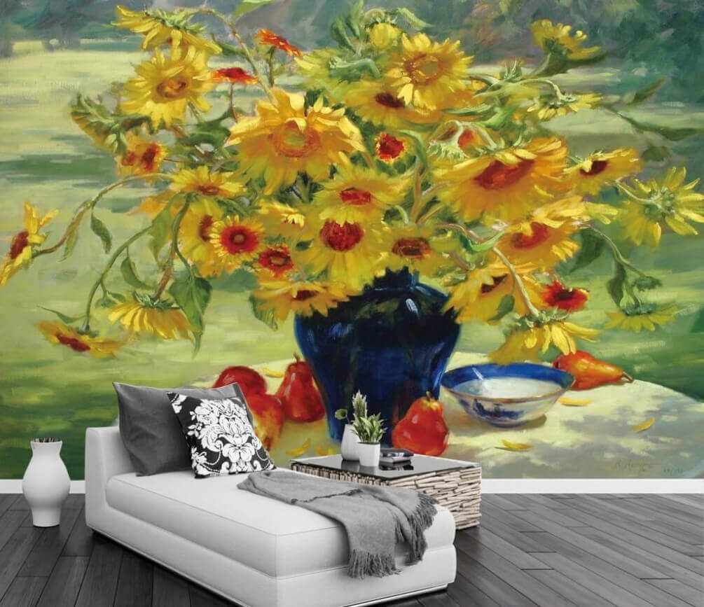 u30881pig1m - Ζωγραφική ενός βάζου με κίτρινα λουλούδια και φρούτα - tegory