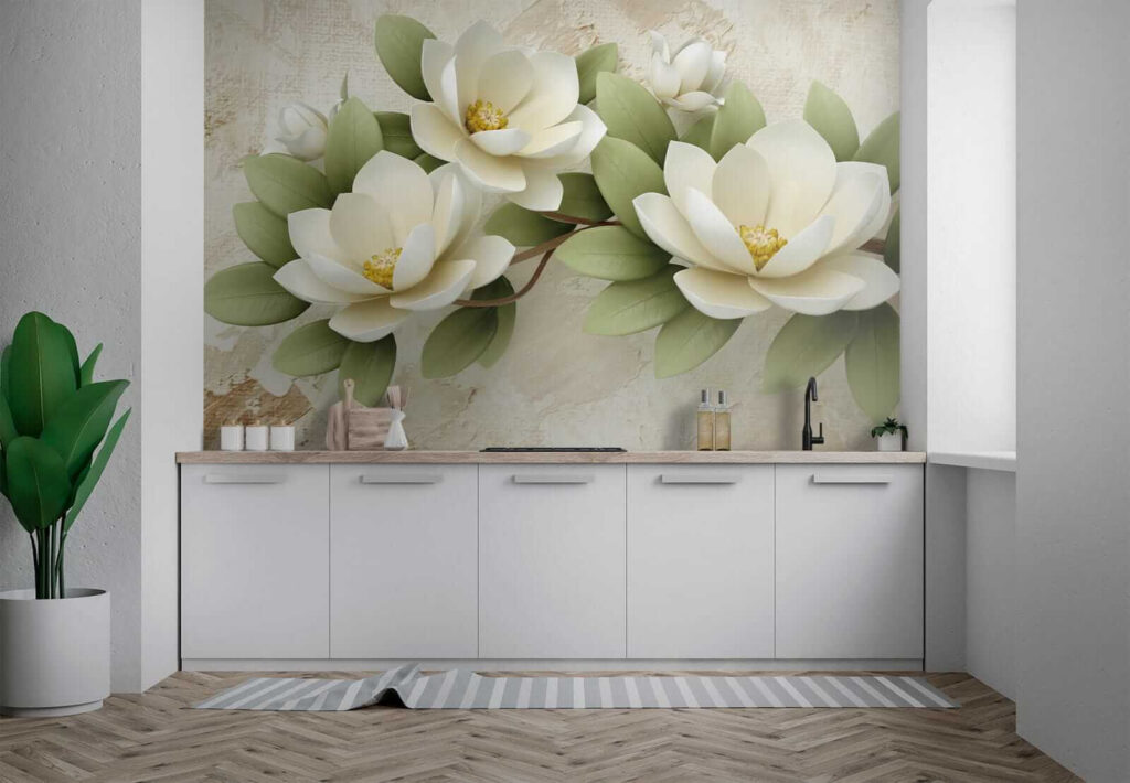 Group of white flowers with green leaves