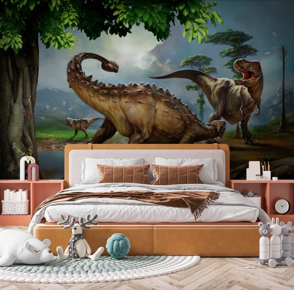 Painting of dinosaurs near a river