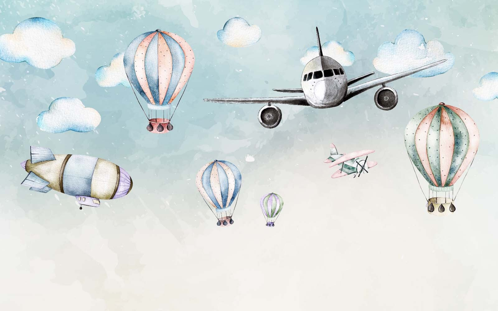 Group of hot air balloons and airplanes