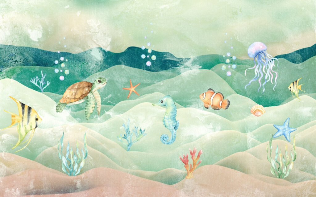 Sea life with seahorses and seaweed