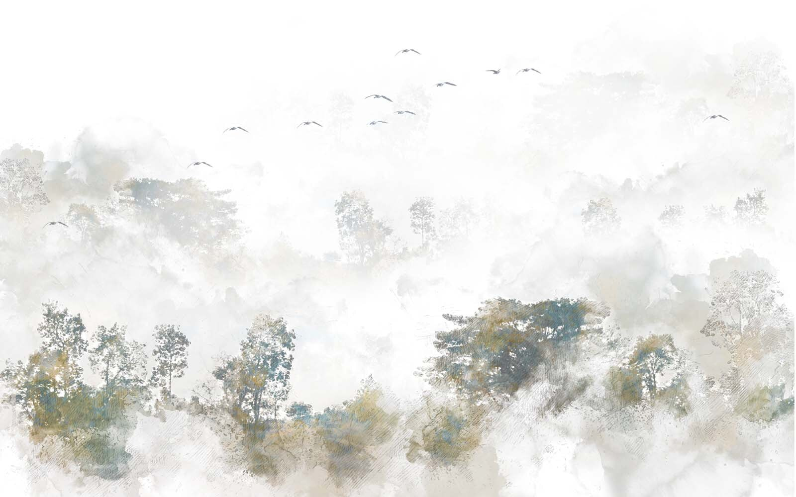 Birds flying over trees