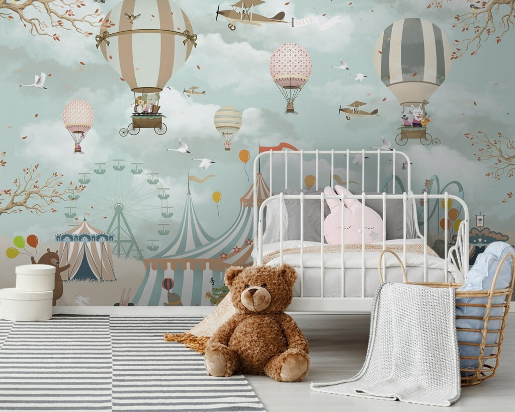 Circus tent with hot air balloons and birds