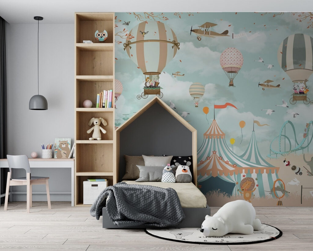 Circus tent with hot air balloons and birds