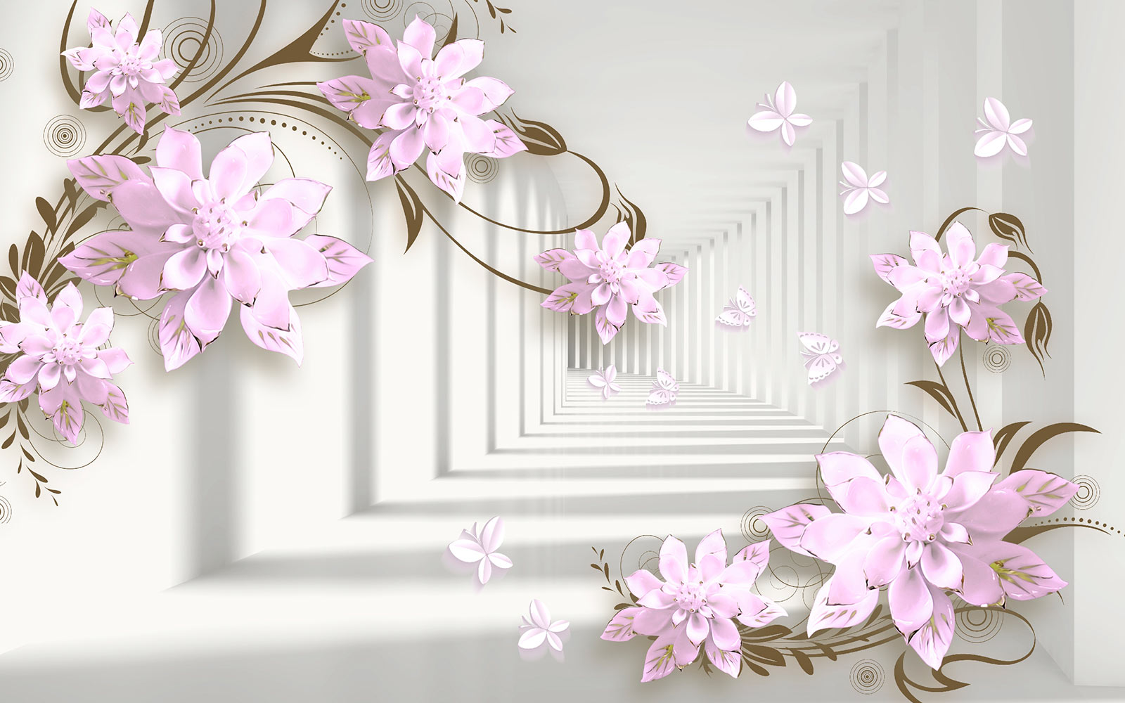 Wallpaper with flowers and swirls